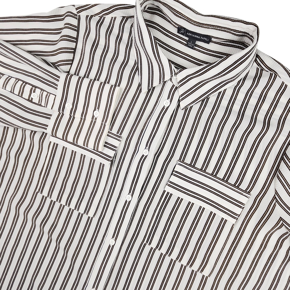 Adrianna Papell Button Up Women Large White Black Tan Striped Long Sleeve Blouse